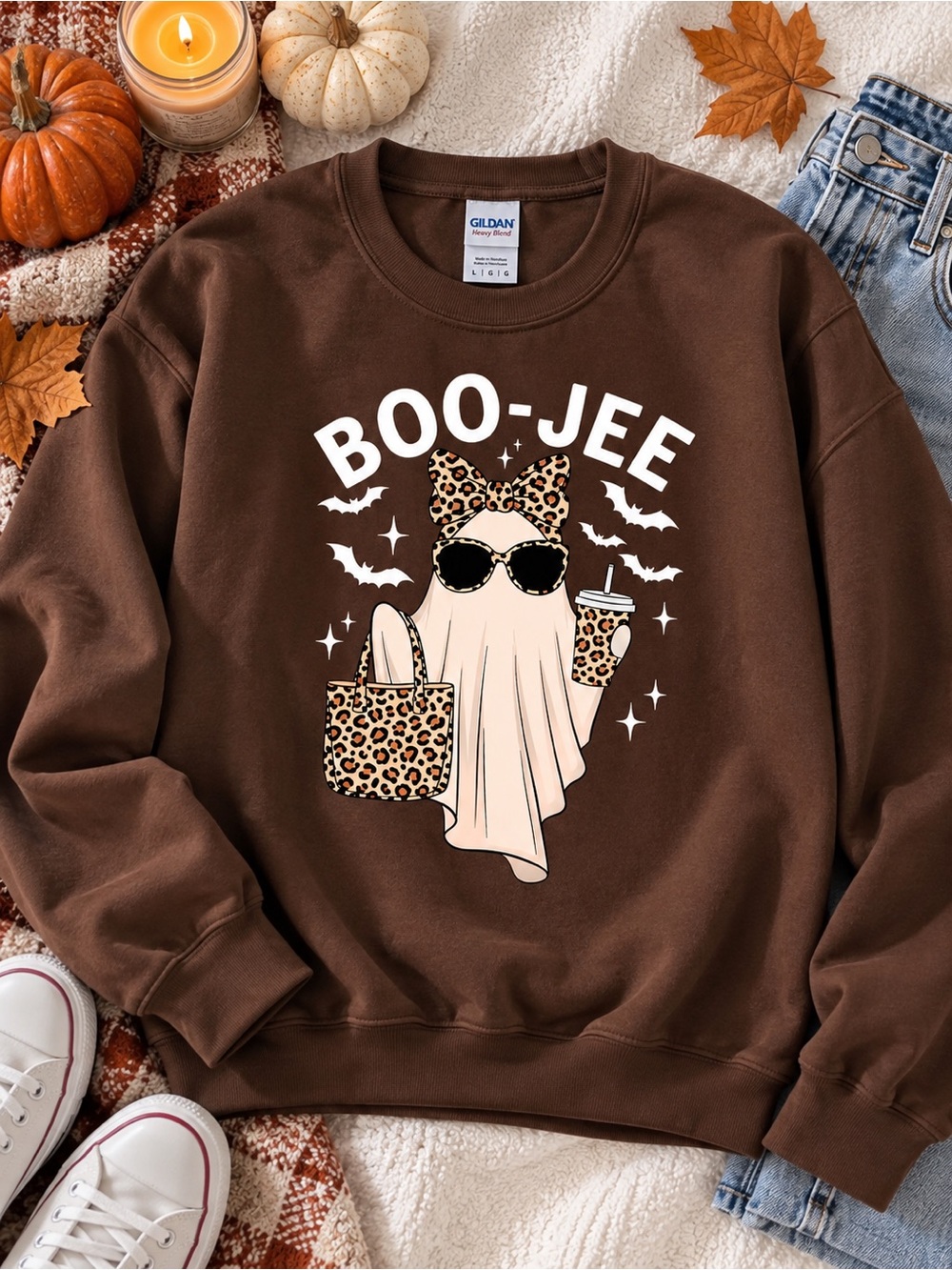 "BOO-JEE" Ghost Sweatshirt Leopard Bow Iced Coffee Gildan